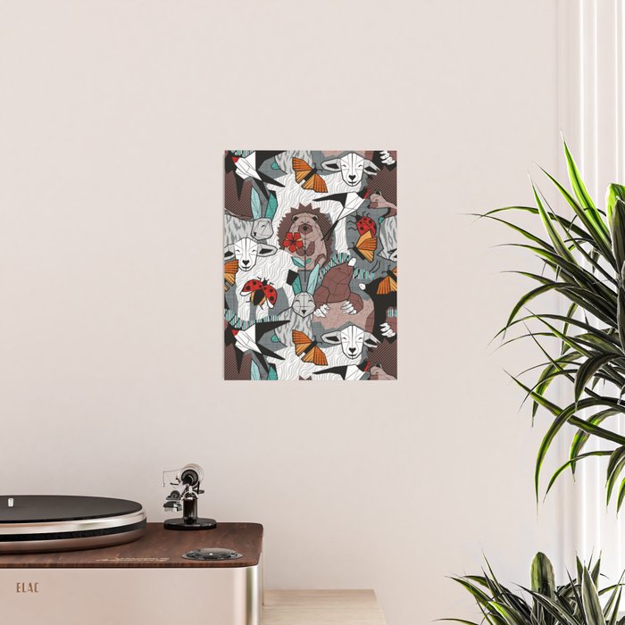 Geo spring animal party // green grey linen texture background brown aqua mint orange and neon red details Poster Gallery Image 2