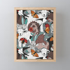 Geo spring animal party // green grey linen texture background brown aqua mint orange and neon red details Mini Art Print Gallery Image 1