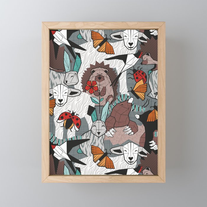 Geo spring animal party // green grey linen texture background brown aqua mint orange and neon red details Mini Art Print Gallery Image 1