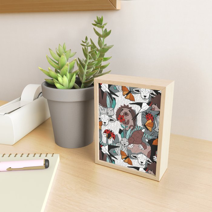 Geo spring animal party // green grey linen texture background brown aqua mint orange and neon red details Mini Art Print Gallery Image 2