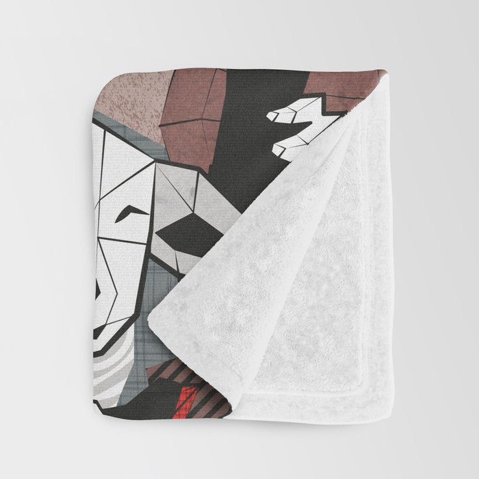 Geo spring animal party // green grey linen texture background brown aqua mint orange and neon red details Throw Blanket Gallery Image 3