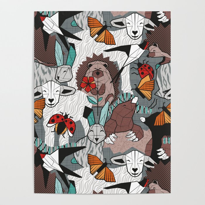 Geo spring animal party // green grey linen texture background brown aqua mint orange and neon red details Poster Gallery Image 4