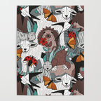 Geo spring animal party // green grey linen texture background brown aqua mint orange and neon red details Poster Gallery Image 4