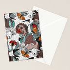 Geo spring animal party // green grey linen texture background brown aqua mint orange and neon red details Stationery Card Gallery Image 2