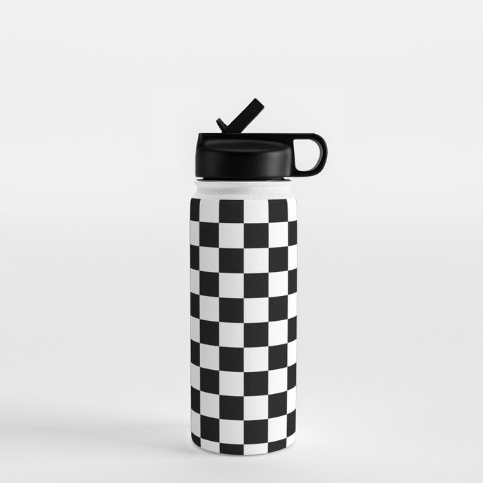 Check Checkered Checkerboard Geometric Black And White Pattern Water Bottle Gallery Image 1