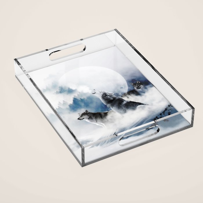 Winter Wolves, Wildlife Wolf Wild Dogs, Snow Full Moon Animals Photography Love Digital Art Acrylic Tray Gallery Image 1
