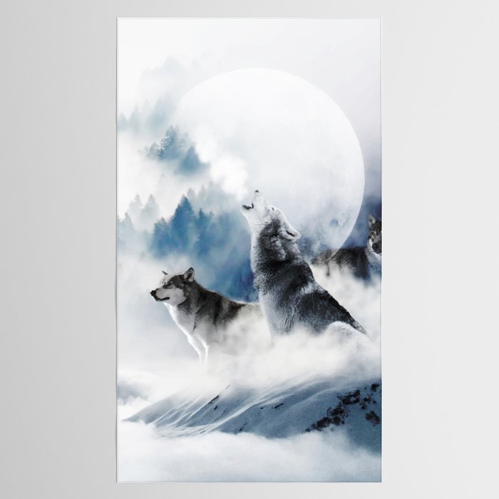Winter Wolves, Wildlife Wolf Wild Dogs, Snow Full Moon Animals Photography Love Digital Art Tablecloth Gallery Image 2