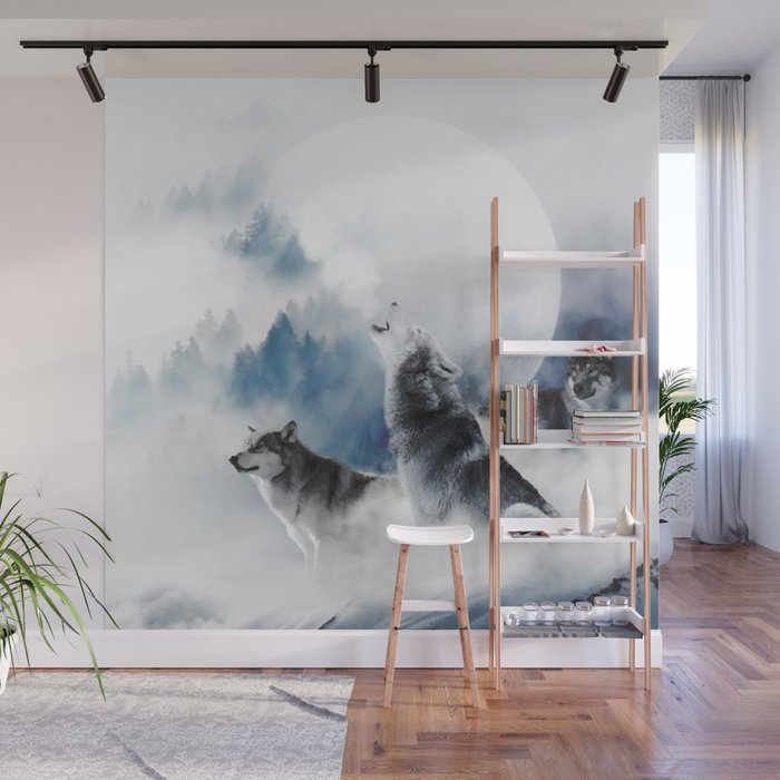 Winter Wolves, Wildlife Wolf Wild Dogs, Snow Full Moon Animals Photography Love Digital Art Wall Mural Gallery Image 1