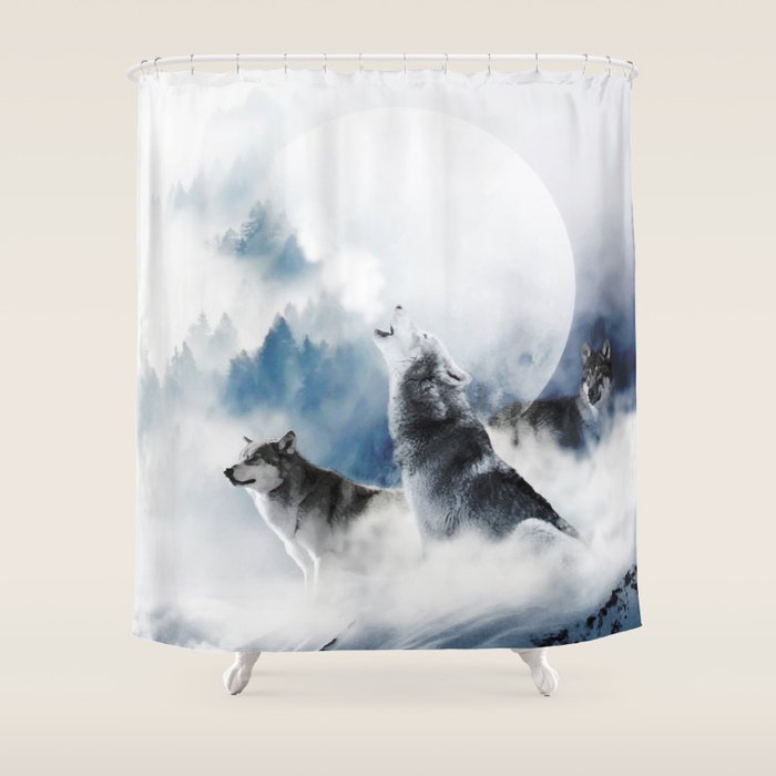 Winter Wolves, Wildlife Wolf Wild Dogs, Snow Full Moon Animals Photography Love Digital Art Shower Curtain Gallery Image 1