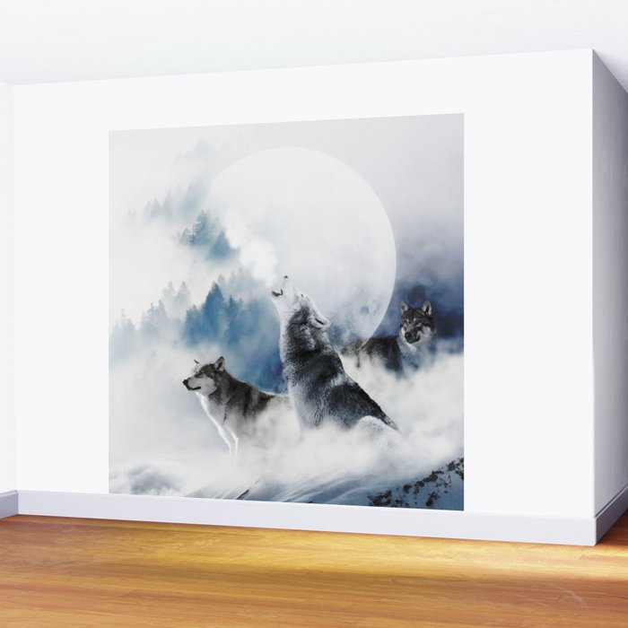 Winter Wolves, Wildlife Wolf Wild Dogs, Snow Full Moon Animals Photography Love Digital Art Wall Mural Gallery Image 2