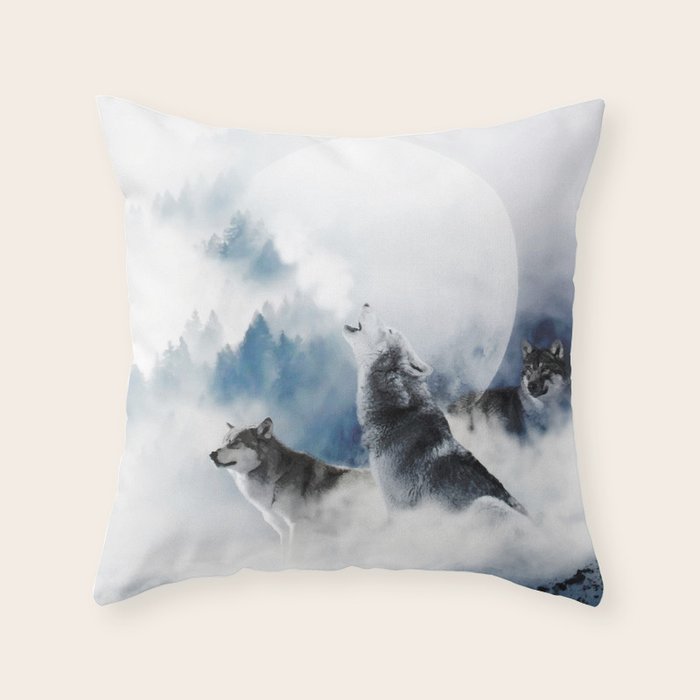 Winter Wolves, Wildlife Wolf Wild Dogs, Snow Full Moon Animals Photography Love Digital Art Throw Pillow Gallery Image 1