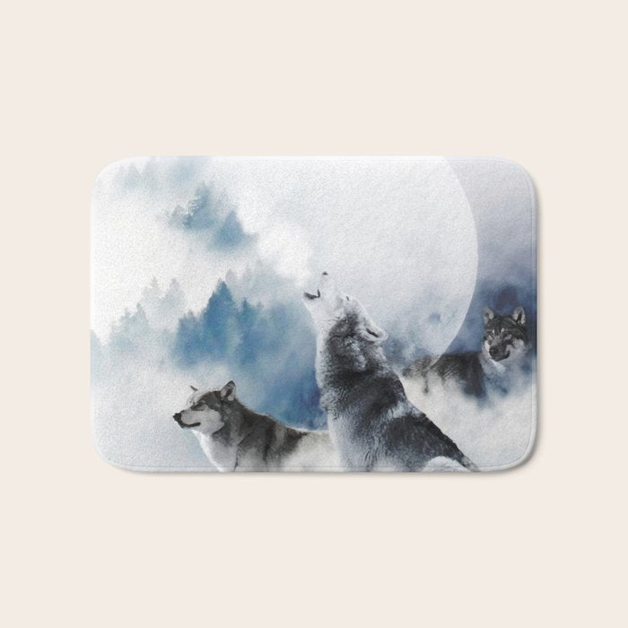 Winter Wolves, Wildlife Wolf Wild Dogs, Snow Full Moon Animals Photography Love Digital Art Bath Mat Gallery Image 1
