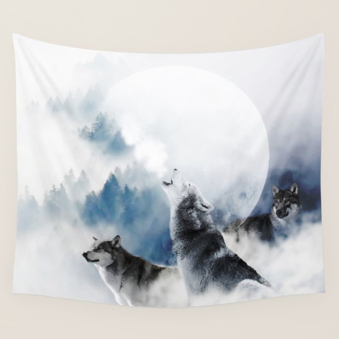 Winter Wolves, Wildlife Wolf Wild Dogs, Snow Full Moon Animals Photography Love Digital Art Wall Tapestry Gallery Image 1