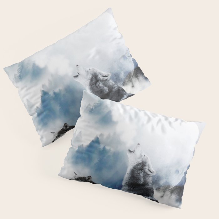 Winter Wolves, Wildlife Wolf Wild Dogs, Snow Full Moon Animals Photography Love Digital Art Pillow Sham Gallery Image 1