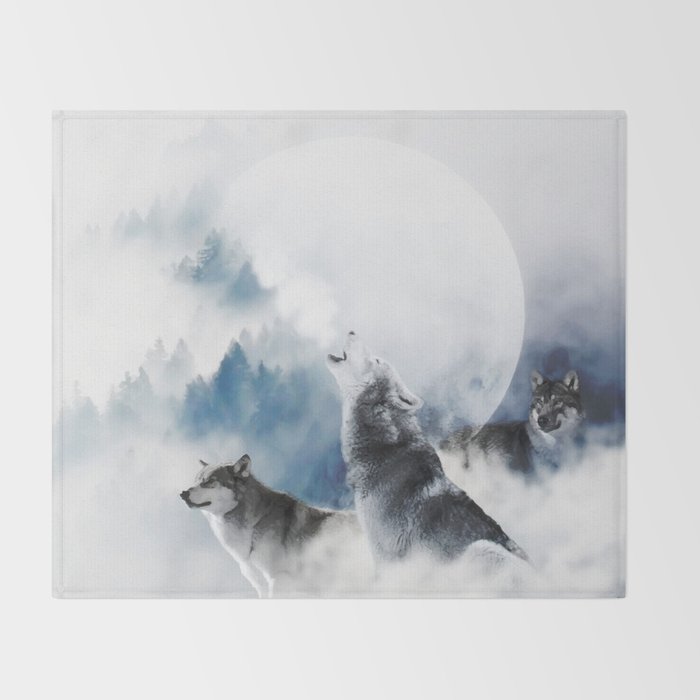 Winter Wolves, Wildlife Wolf Wild Dogs, Snow Full Moon Animals Photography Love Digital Art Throw Blanket Gallery Image 2