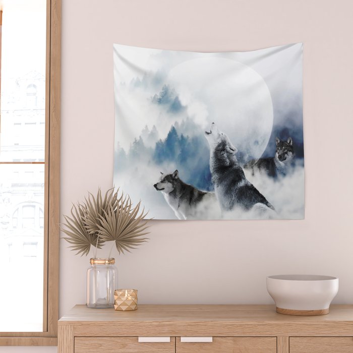 Winter Wolves, Wildlife Wolf Wild Dogs, Snow Full Moon Animals Photography Love Digital Art Wall Tapestry Gallery Image 2