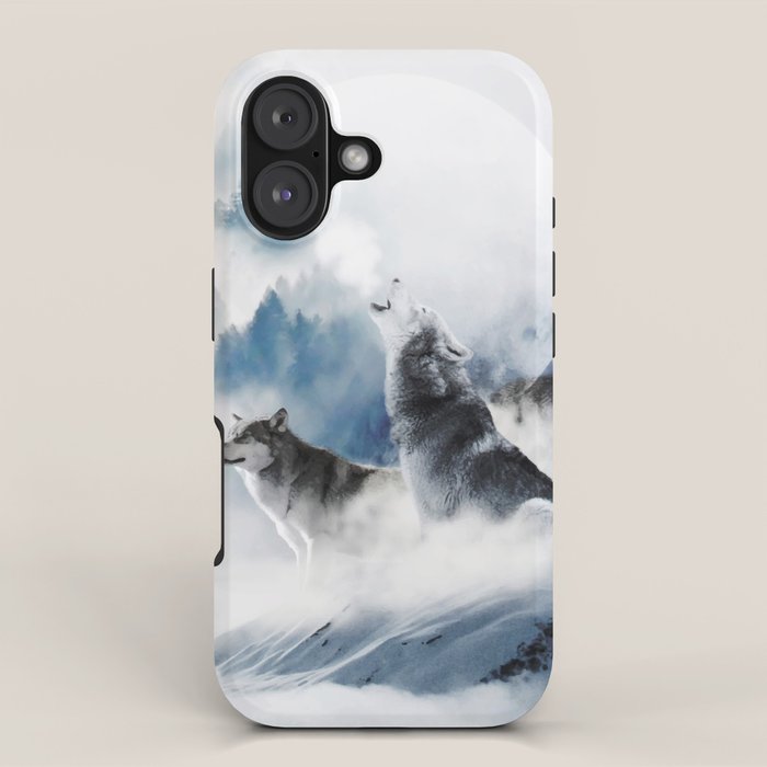 Winter Wolves, Wildlife Wolf Wild Dogs, Snow Full Moon Animals Photography Love Digital Art iPhone Case Gallery Image 1