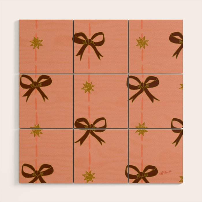 Cute Hair Bows & Stars in Peach & Brown Wood Wall Art Gallery Image 1