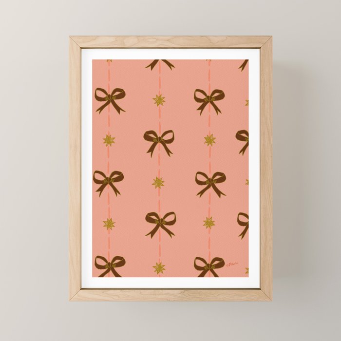 Cute Hair Bows & Stars in Peach & Brown Mini Art Print Gallery Image 1