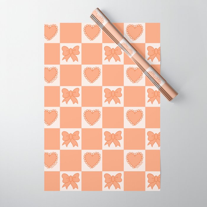 Orange Bow Checkered Print Wrapping Paper Gallery Image 1