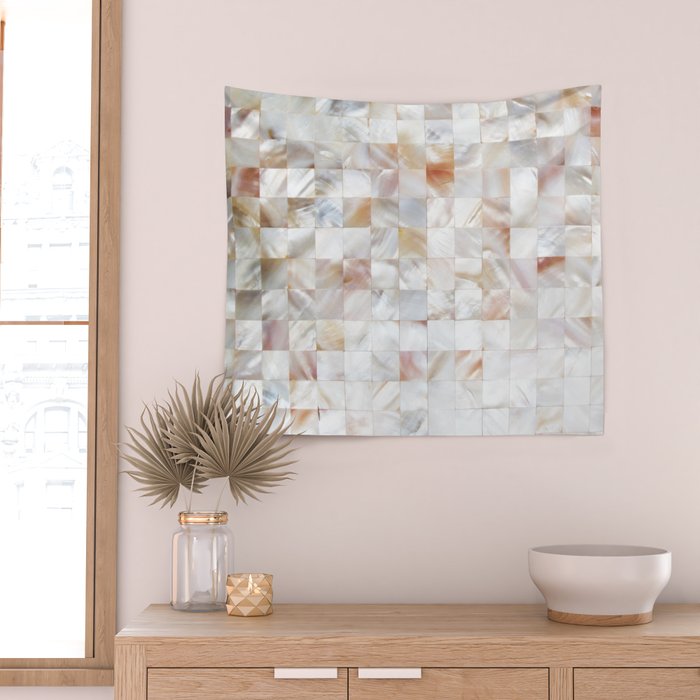 Mother of Pearl, Exotic Tiles Photography, Neutral Minimal Geometrical Graphic Design Wall Tapestry Gallery Image 2