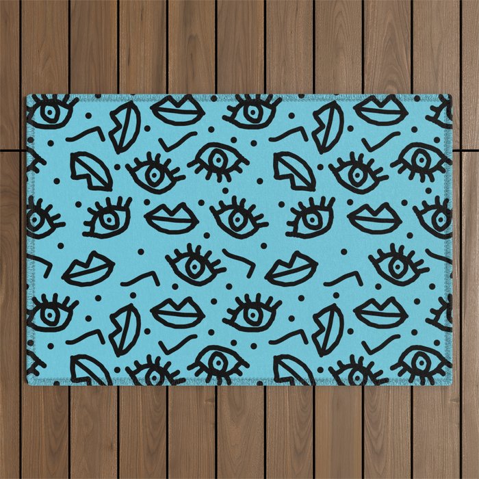 Wowzers - memphis throwback retro neon face eyes fashion print design dorm college trendy gifts Outdoor Rug Gallery Image 1