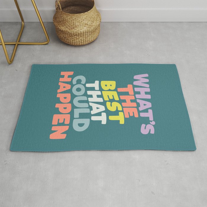 Whats The Best That Could Happen typography print in green, lilac, orange and yellow Rug Gallery Image 1