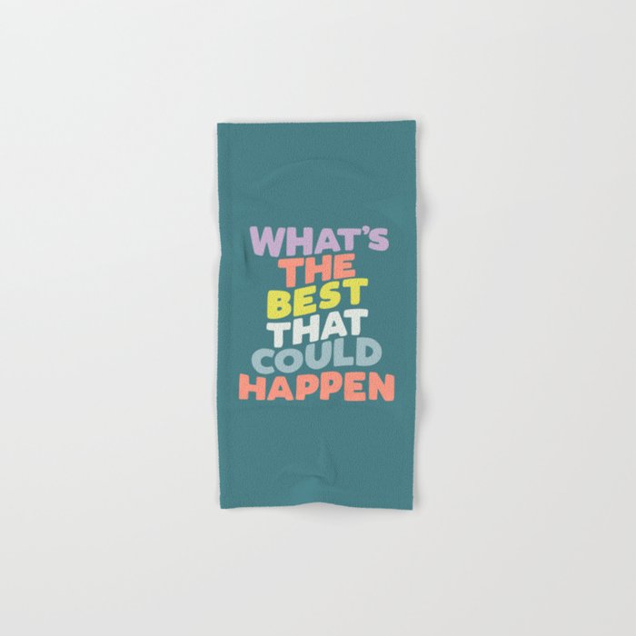Whats The Best That Could Happen typography print in green, lilac, orange and yellow Bath Towel Gallery Image 1