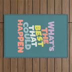 Whats The Best That Could Happen typography print in green, lilac, orange and yellow Outdoor Rug Gallery Image 1