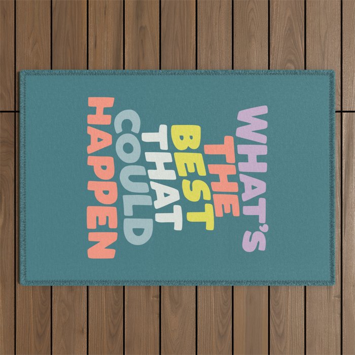 Whats The Best That Could Happen typography print in green, lilac, orange and yellow Outdoor Rug Gallery Image 1