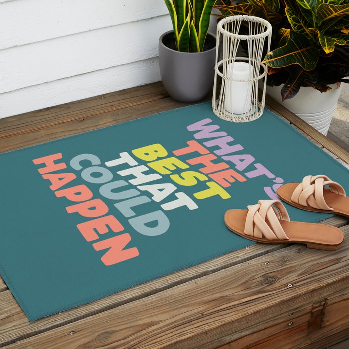 Whats The Best That Could Happen typography print in green, lilac, orange and yellow Outdoor Rug Gallery Image 2