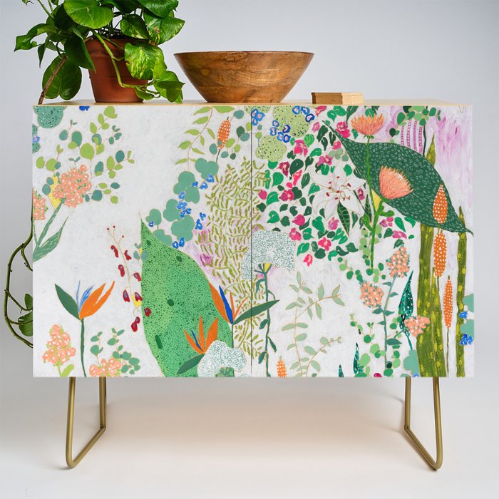 Painterly Floral Jungle on Pink and White Credenza Gallery Image 1