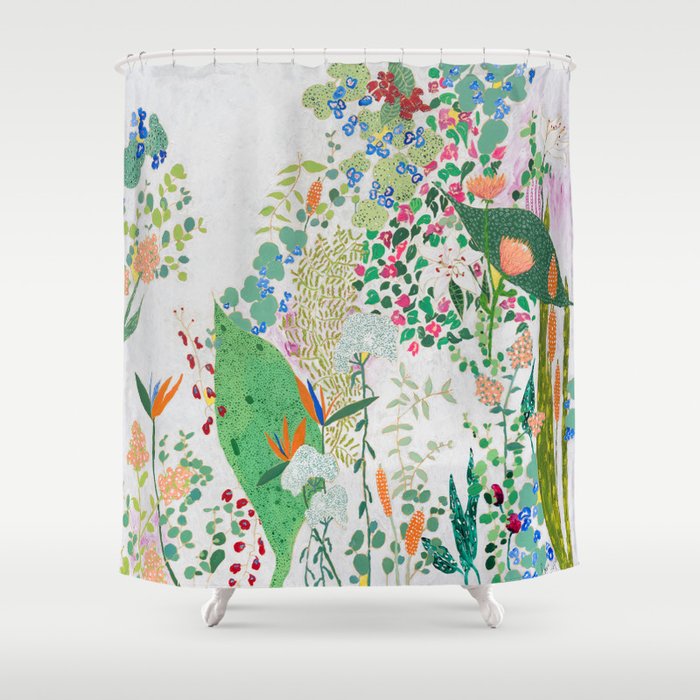 Painterly Floral Jungle on Pink and White Shower Curtain Gallery Image 1