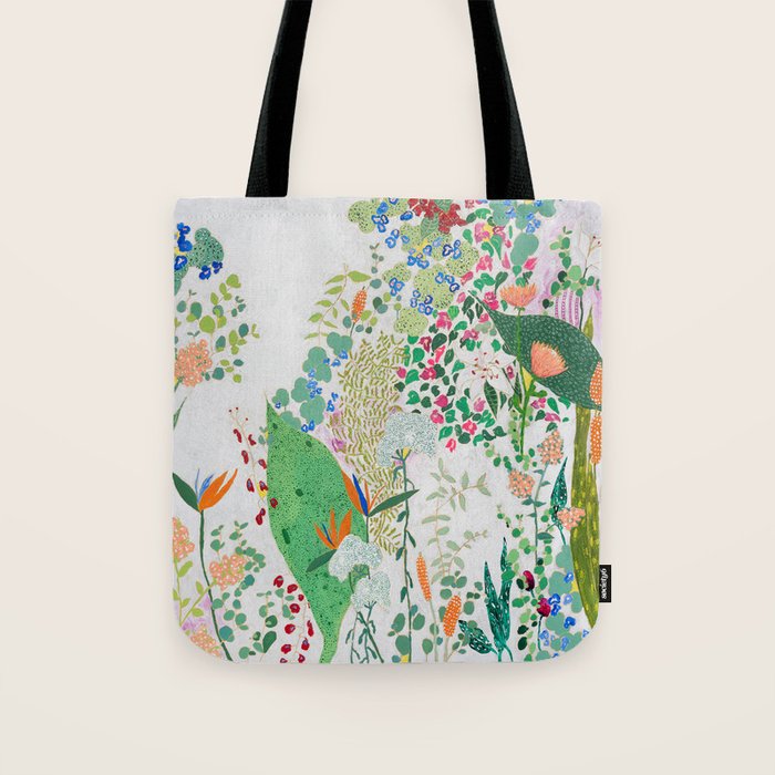 Painterly Floral Jungle on Pink and White Tote Bag Gallery Image 1