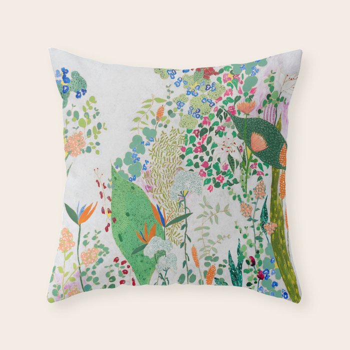 Painterly Floral Jungle on Pink and White Throw Pillow Gallery Image 6
