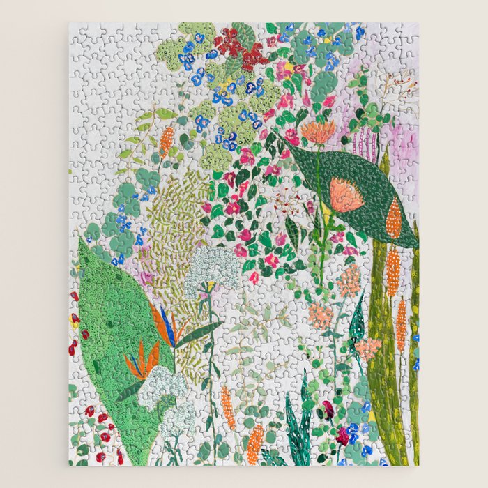 Painterly Floral Jungle on Pink and White Jigsaw Puzzle Gallery Image 1