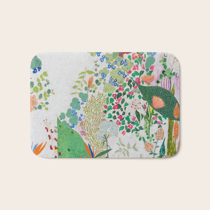 Painterly Floral Jungle on Pink and White Bath Mat Gallery Image 1