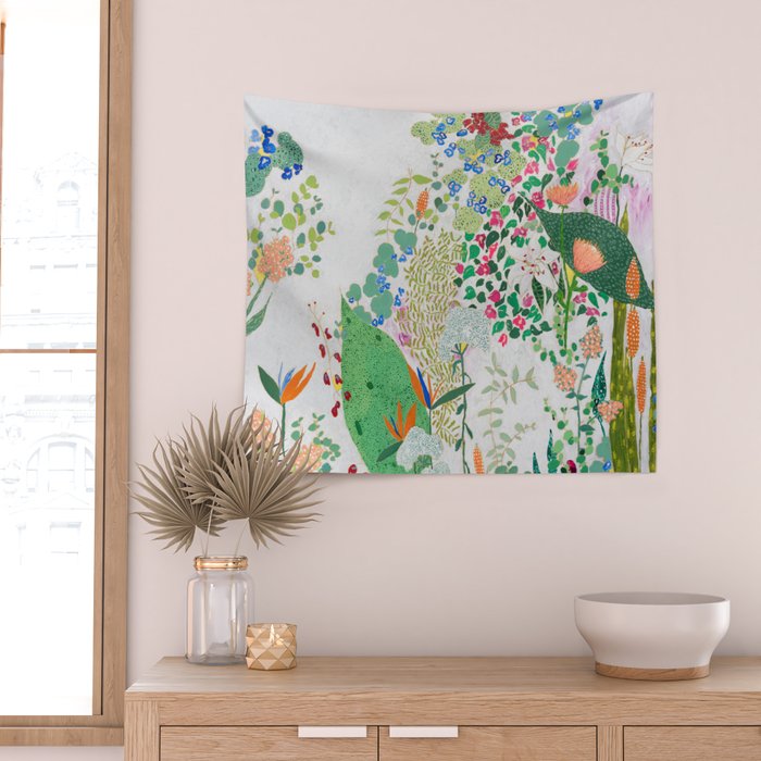 Painterly Floral Jungle on Pink and White Wall Tapestry Gallery Image 2