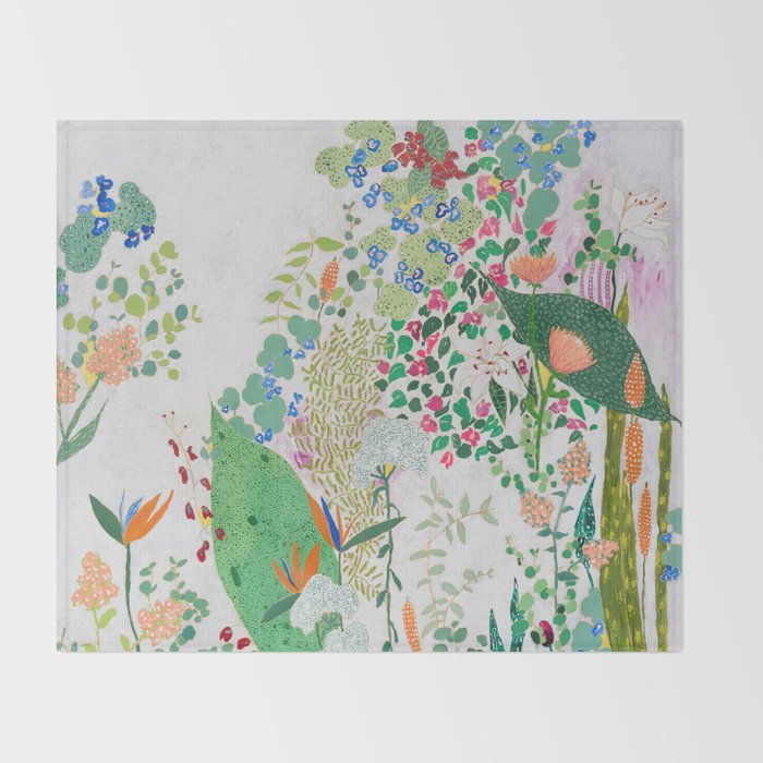 Painterly Floral Jungle on Pink and White Throw Blanket Gallery Image 2