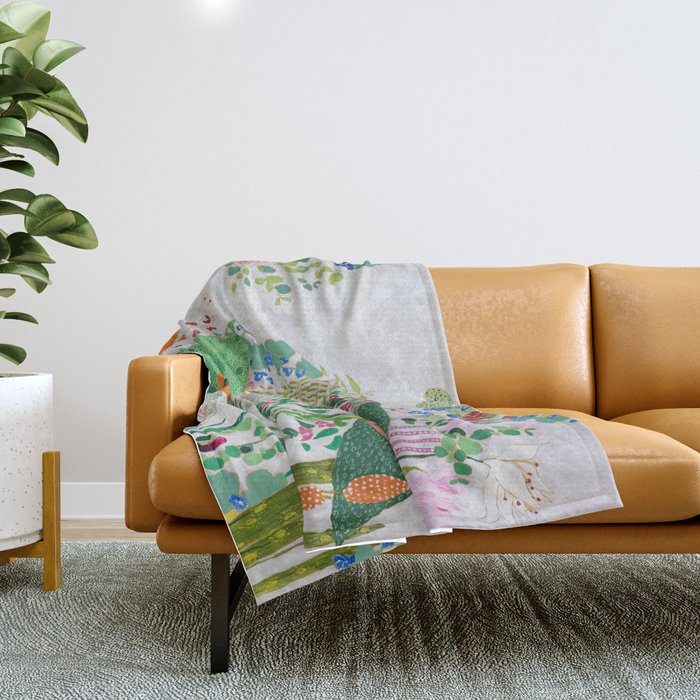Painterly Floral Jungle on Pink and White Throw Blanket Gallery Image 1
