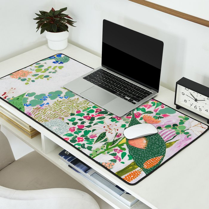 Painterly Floral Jungle on Pink and White Desk Mat Gallery Image 2