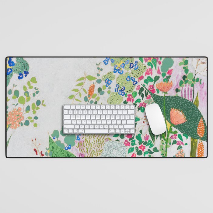 Painterly Floral Jungle on Pink and White Desk Mat Gallery Image 1