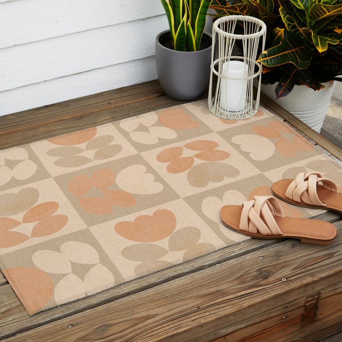 abstract retro shapes earthy checkered floral Outdoor Rug Gallery Image 2