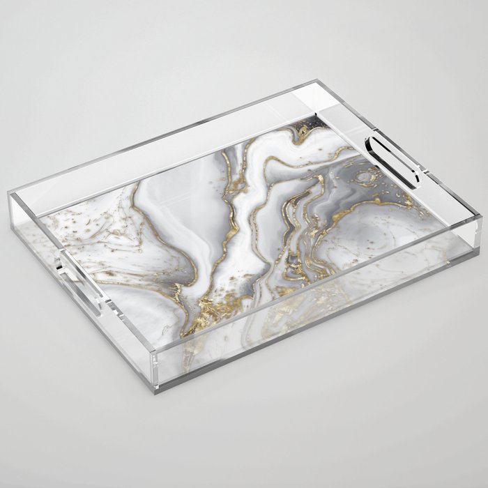 Grey liquid marble - pearl and gold Acrylic Tray Gallery Image 1