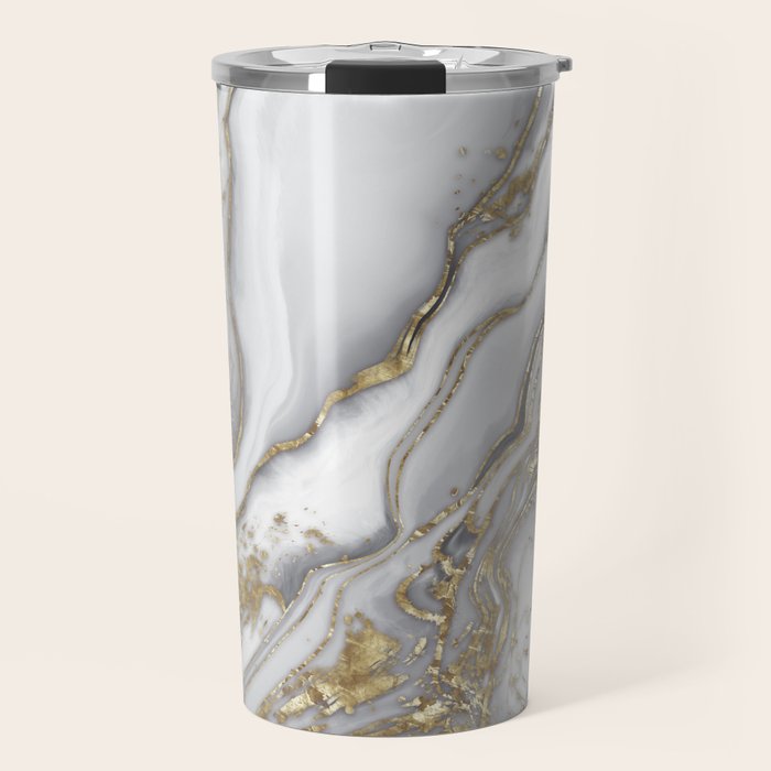 Grey liquid marble - pearl and gold Travel Mug Gallery Image 1