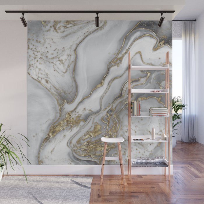 Grey liquid marble - pearl and gold Wall Mural Gallery Image 1