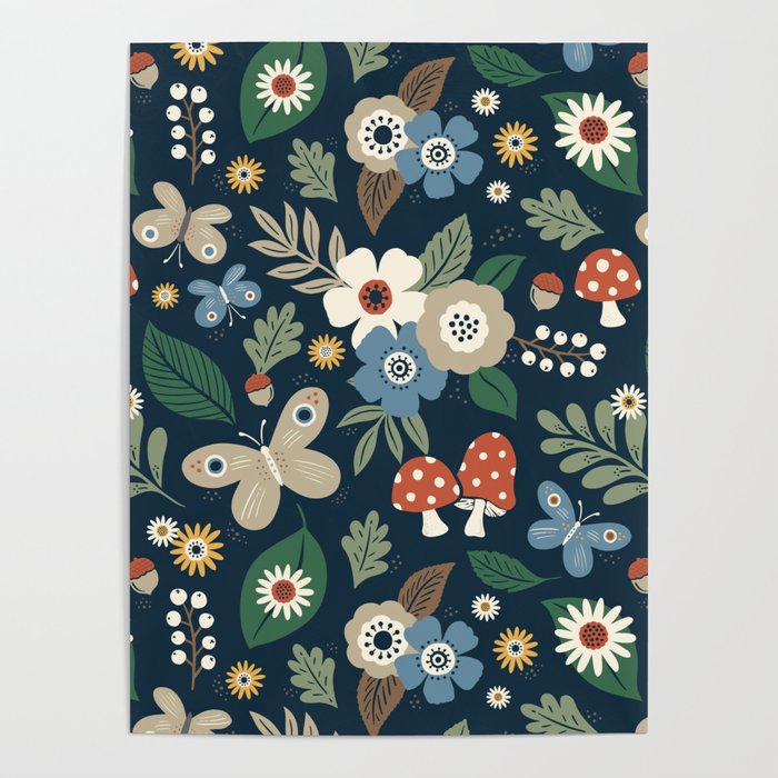 Woodland Forest Flowers - Navy Blue Poster Gallery Image 4