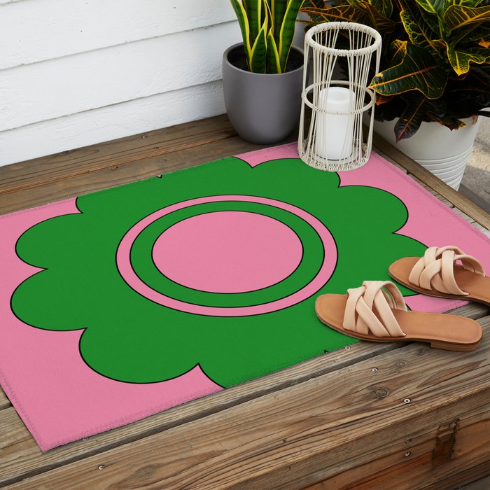 Cute Retro Flower Pink and Green Outdoor Rug Gallery Image 2