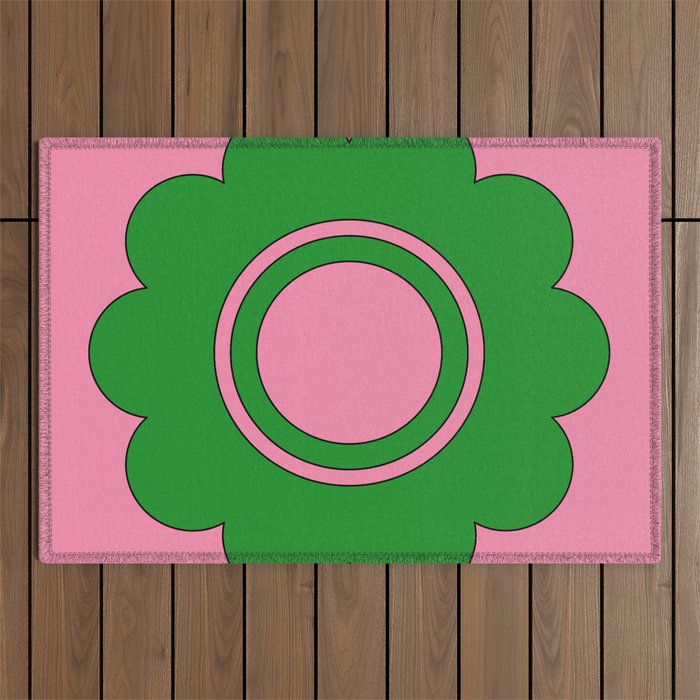 Cute Retro Flower Pink and Green Outdoor Rug Gallery Image 1
