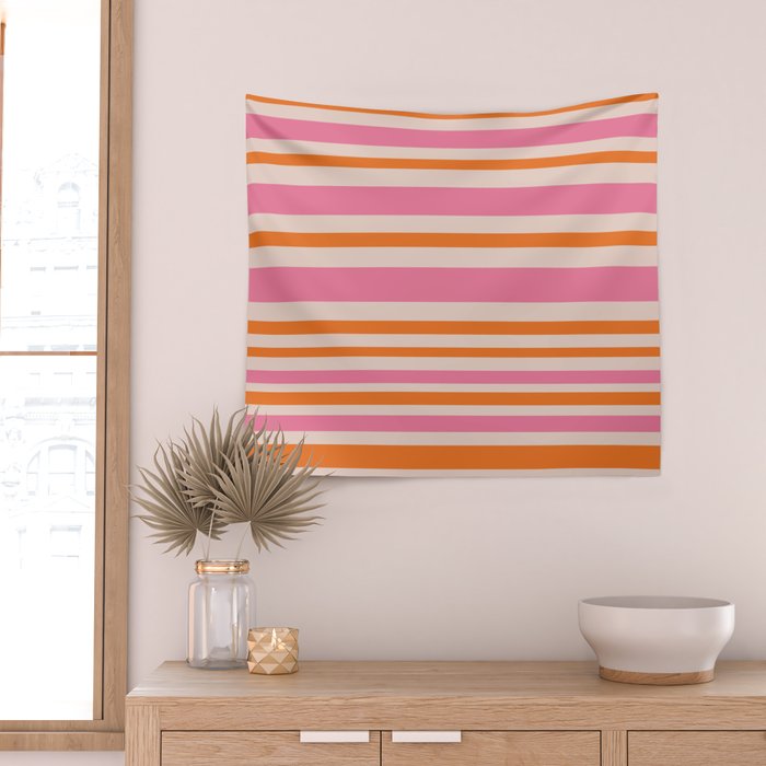 Variable Stripe Pattern in Retro Pink Orange Wall Tapestry Gallery Image 2
